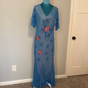 Blue Floral V-Neck Evening Dress with Sequin Accents